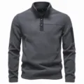 Men's dark gray fleece pullover sweatshirt with snap stand collar and sleeve pocket detail. - S / Tops / Dark Gray