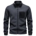 Dark gray fleece jacket close-up showing stand collar, full zip closure and front chest pocket. - S / Tops / Dark Gray