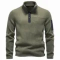 Men's olive green thick fleece pullover sweatshirt with snap collar outdoor activewear thermal top - S / Tops / Army Green