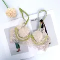 Französischer sexy Spitzen-BH mit grünen Trägern, elegantes florales Design, Halt. - 70B / Oberteile / Aprikose und Grün