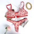 Rode doorschijnende mesh kanten beha en string set, sexy florale lingerie voor vrouwen - Roze