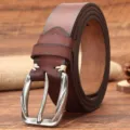 Men's vintage genuine leather belt with stylish metal pin buckle, casual cowhide waist belt. - Red Brown / 105cm