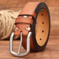 Mens genuine leather vintage belt with metal pin buckle casual jeans belt top grain cowhide - Khaki / 105cm