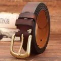 Men's Vintage Genuine Leather Belt With Brass Pin Buckle Casual Cowhide Jeans Belt - [Copper Buckle - 34927] Reddish Brown / 105cm