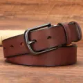 Men Brown Leather Belt Vintage Genuine Cowhide Jeans Belt with Solid Metal Pin Buckle - 105cm / Red Brown
