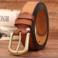 Men's vintage genuine leather belt with antique brass pin buckle, retro casual leather strap for jeans - [Copper Buckle - 34927] Khaki / 105cm