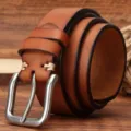 Men retro brown cowhide leather belt with silver pin buckle, classic casual jeans strap variant. - Khaki / 105cm