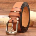 Men brown genuine leather belt vintage pin buckle casual cowhide belt for jeans and pants. - Khaki / 105cm