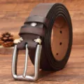 Men vintage brown leather belt casual genuine cowhide trouser belt with metal pin buckle - 105cm / Coffee