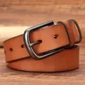 Men's genuine leather retro belt with dark metal pin buckle for casual jeans wear. - 105cm / Khaki