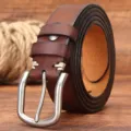 Men vintage genuine leather belt with pin buckle casual brown cowhide jeans waist belt - Red Brown / 105cm
