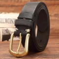 Men's vintage genuine leather belt with brass pin buckle retro casual style for jeans - [Copper Buckle - 34927] Black / 105cm