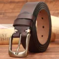 Men's genuine leather belt with classic pin buckle casual vintage cowhide strap for jeans. - Coffee / 105cm