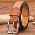 Men vintage brown leather belt with metal pin buckle, casual cowhide pants waist strap sku - Khaki / 105cm