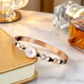 Exquisite rose steel mother of pearl bracelet detailed view showcasing geometric enamel design. - Rose Gold-Geometric Mother of Pearl