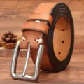 Vintage men's genuine leather casual belt with metal pin buckle and retro daily design. - 105cm / Khaki