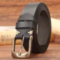 Men's genuine leather belt with classic pin buckle casual vintage strap for jeans - Black / 105cm