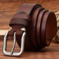 Men's retro genuine leather belt with pin buckle casual cowhide strap for jeans trousers. - Red Brown / 105cm