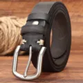 Men genuine leather belt black casual vintage cowhide pin buckle jeans fashion accessory - Black / 105cm