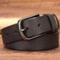 Men black genuine leather belt vintage casual metal pin buckle jeans belt fashion accessory - 105cm / Black