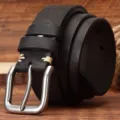 Men's retro genuine leather belt with stylish metal pin buckle for casual jeans wear. - Black / 105cm
