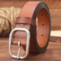 Damen Vintage Echtleder Gürtel mit silberner Dornschnalle, modischer Rindsleder Taillengürtel. - 105cm / Khaki