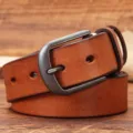 Men vintage genuine leather belt solid pin buckle cowhide casual jeans belt stylish - 105cm / Khaki