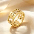 Close-up detail of the luxury gold-plated hollow ring showcasing fine craftsmanship and sparkle. - Micro Pave Rhinestone Carved Geometric Style / Gold / Size 6