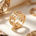 Gold plated wide cutout ring detail shot, modern fashion titanium steel jewelry for women. - Trendy Wide Hollow Out Style / Rose Gold / Size 6