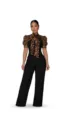 Dettagli della tuta elegante con stampa leopardata maniche a palluffo e colletto con fiocco. - Taglia S / Stile 1 / Nero