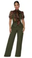 Elegante tuta da donna con maniche a palloncino leopardate e fiocco, stile verde. - Taglia S / Stile 1 / Verde militare