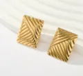 Close-up detail of chic geometric rectangular gold-colored textured stud earrings design. - Geometric Rectangle Textured Earrings (Style 1)