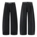 Pantalon de jogging large noir pour homme avec double taille elastique droit casual - S / Bas / Noir délavé