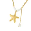 Collar de perlas con estrella de mar en chapado en oro, elegante cadena de clavicula estilo marino. - Collar de cadena barbada con perlas y colgante de estrella de mar 3D