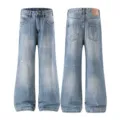 Vintage washed distressed loose straight-leg denim jeans, light blue casual baggy trousers for men. - Bottoms / Light Blue / 28