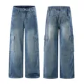 Men's vintage washed denim cargo pants casual loose straight wide leg jeans casual street - S / Bottoms / Nostalgic Blue