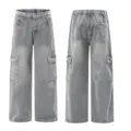 Men's washed gray cargo jeans, loose straight leg denim trousers with side utility pockets. - S / Bottoms / Gray