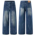 Men's washed distressed loose straight leg denim jeans high street casual trousers - S / Bottoms / Blue