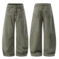 Grey-green loose wide-leg denim cargo pants, casual curved horseshoe jeans variant. - XS / Bottoms / Grey Green