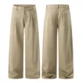 Khaki wide leg pleated cargo pants featuring a unique five-button closure casual trousers. - XS / Bottoms / Khaki