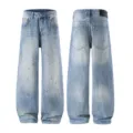 Men's retro high street straight leg denim jeans featuring unique paint splatter design. - 28 / Bottoms / Ink Splatter Blue