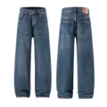 Vintage washed loose straight leg denim jeans for casual daily wear and autumn season. - 28 / Bottoms / Classic Blue