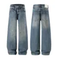 Men vintage paint splatter loose straight leg denim jeans casual streetwear trousers blue pant - 28 / Ink Blue