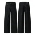 Men's retro dark grey wide leg denim jeans, clean fit loose casual trousers with multi-button front. - S / Bottoms / Raw Black