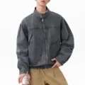 Veste en denim noir délavé vintage pour homme col montant vêtements de travail - 3XL / Hauts / Gris foncé