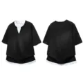 Unisex fake two-piece loose short sleeve polo shirt casual summer black white t-shirt - S / Tops / Black & White