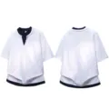 Casual fake two-piece short sleeve polo shirt for men and women, loose fit summer top. - S / Tops / White and Cyan