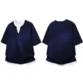 Unisex fake two-piece short sleeve t-shirt, navy top with white layered hem and collar. - S / Tops / Navy Blue and White