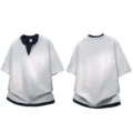 Layered Short Sleeve Polo Shirt Casual Loose Fit Summer Tee for Men and Women - S / Tops / Heather Gray & Navy