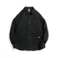 Men's long sleeve black workwear shirt loose casual button down jacket top daily wear. - M / Tops / Black